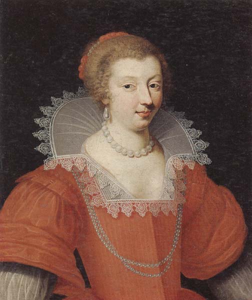 Portrait of a lady,half length,dressed in red and wearing pearls